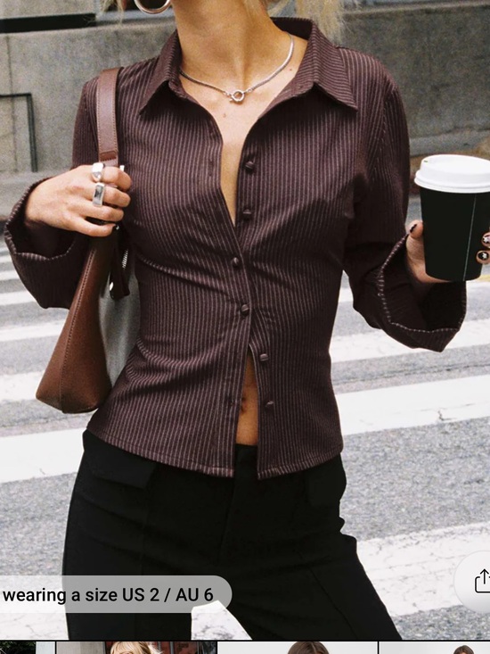 Princess Polly Tops - Anni Pinstripe long sleeve Shirt Brown from Princess Polly